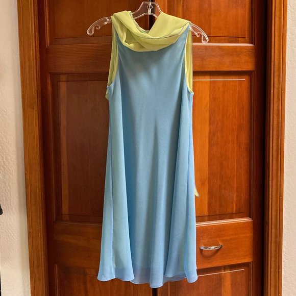 Boutique Geary Roark Kamisato Sleeveless Dress blue/lime green w/scarf - Size 10 - Picture 3 of 13